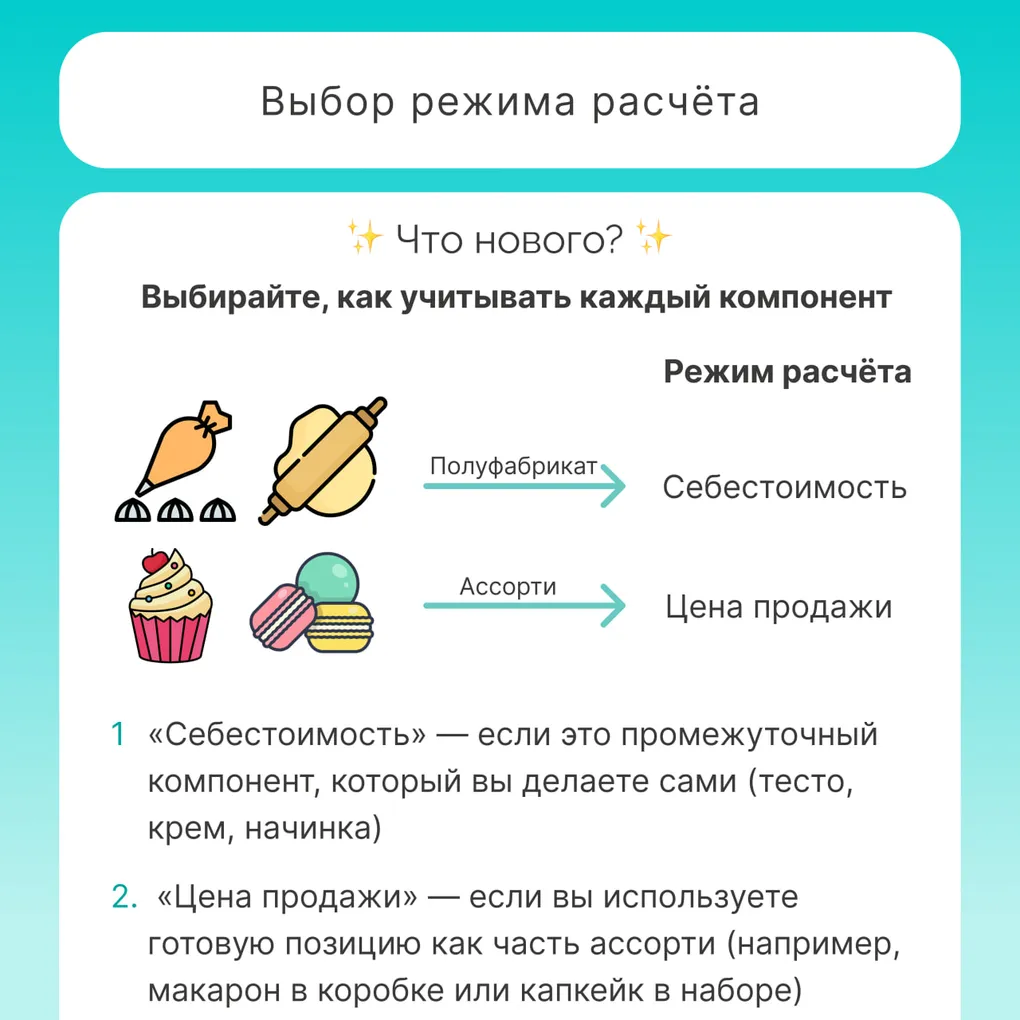 🧁 Новое в PastryPro: теперь вы сами решаете, по какой цене учитывать компоненты в изделии!